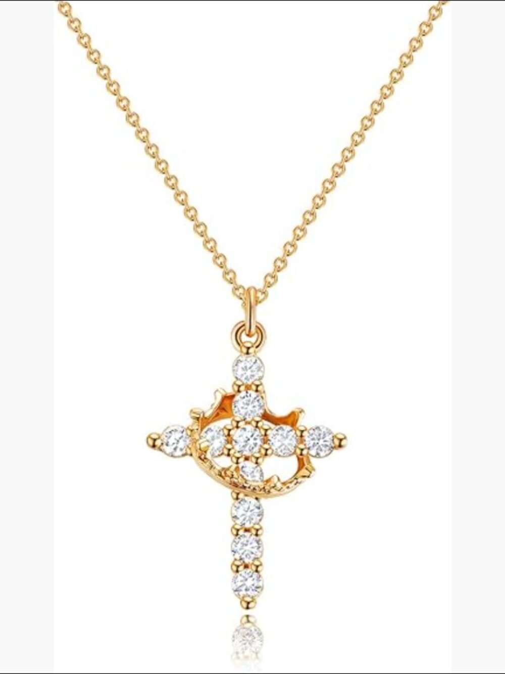 14K Yellow Gold Crown Cross Pendant Necklace Faith Jewelry Dainty